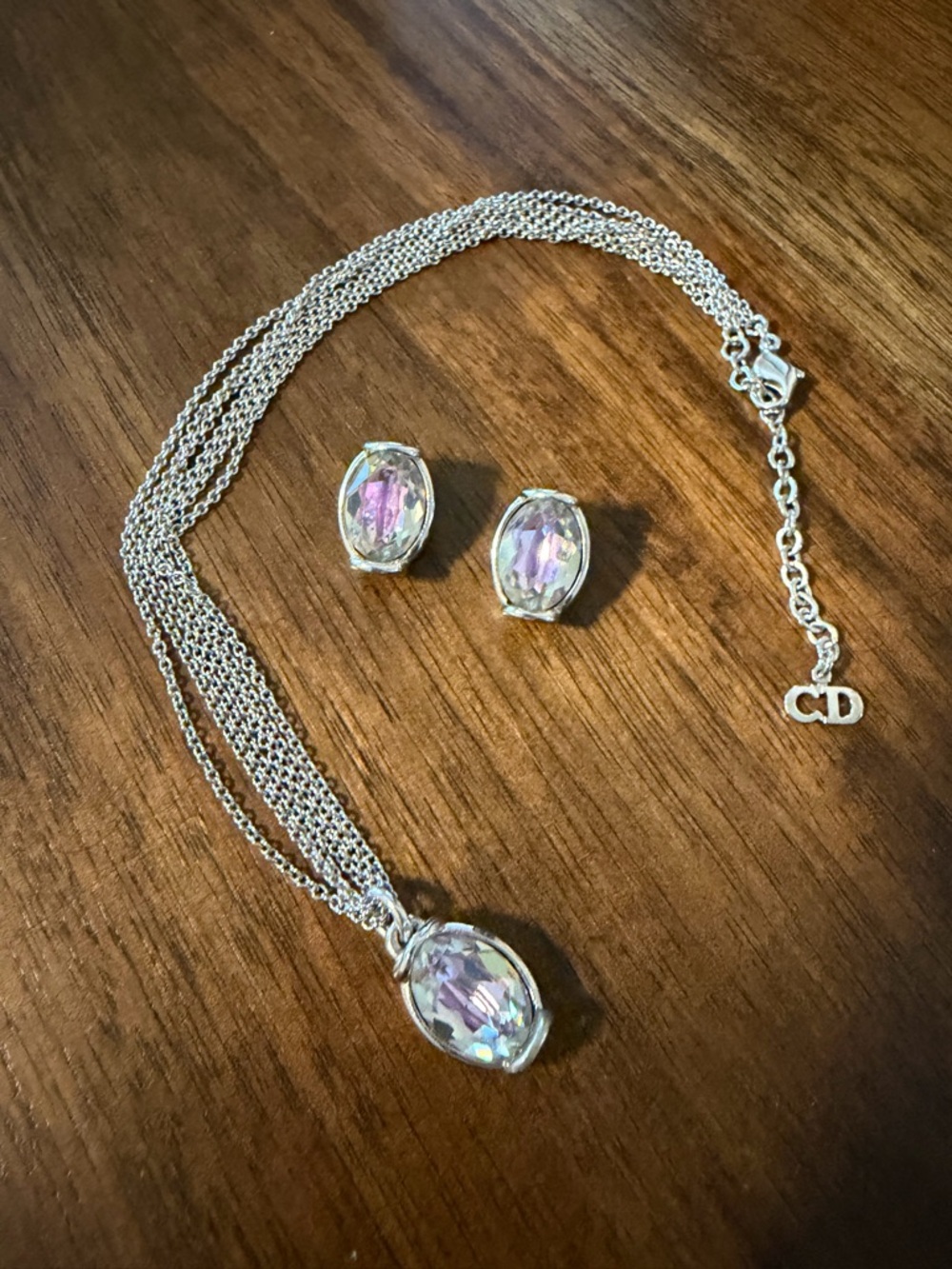 Dior Silver Multi-Strand Necklace with Pink Crystal Pendant and Earrings